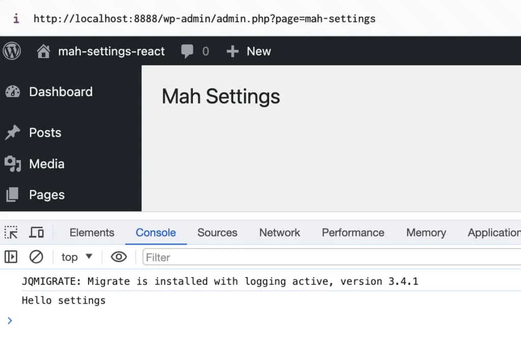 WordPress options page with React printing "Hello Settings" in the console